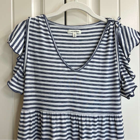 Max Studio Womens Jersey Knit V-Neck Ruffles Dress in Blue/White Stripes, Size S - Picture 6 of 7